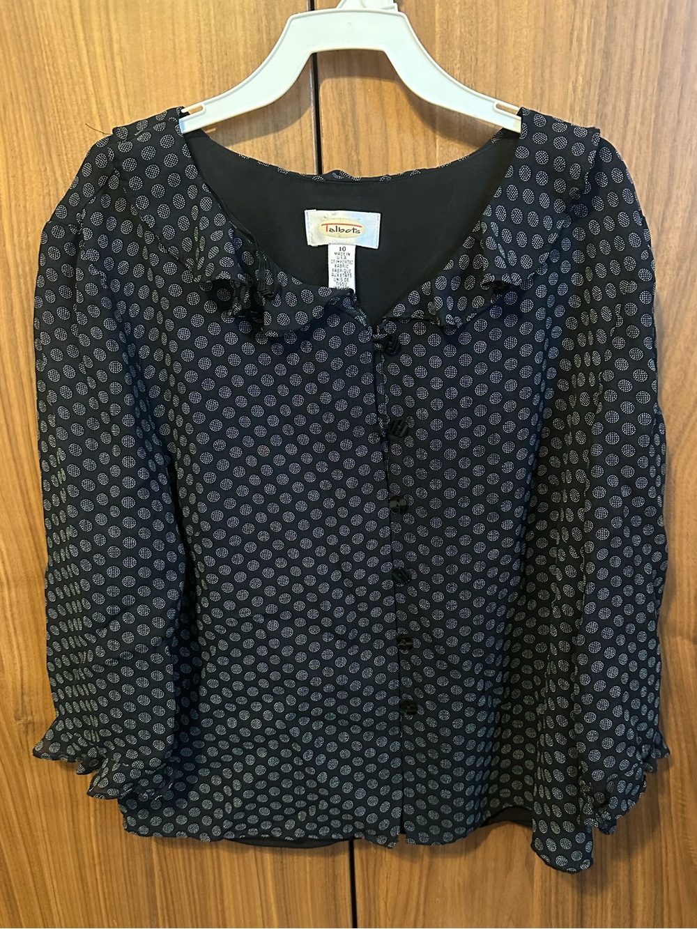 Talbots Navy Polka Dot Ruffle-Trim Blouse